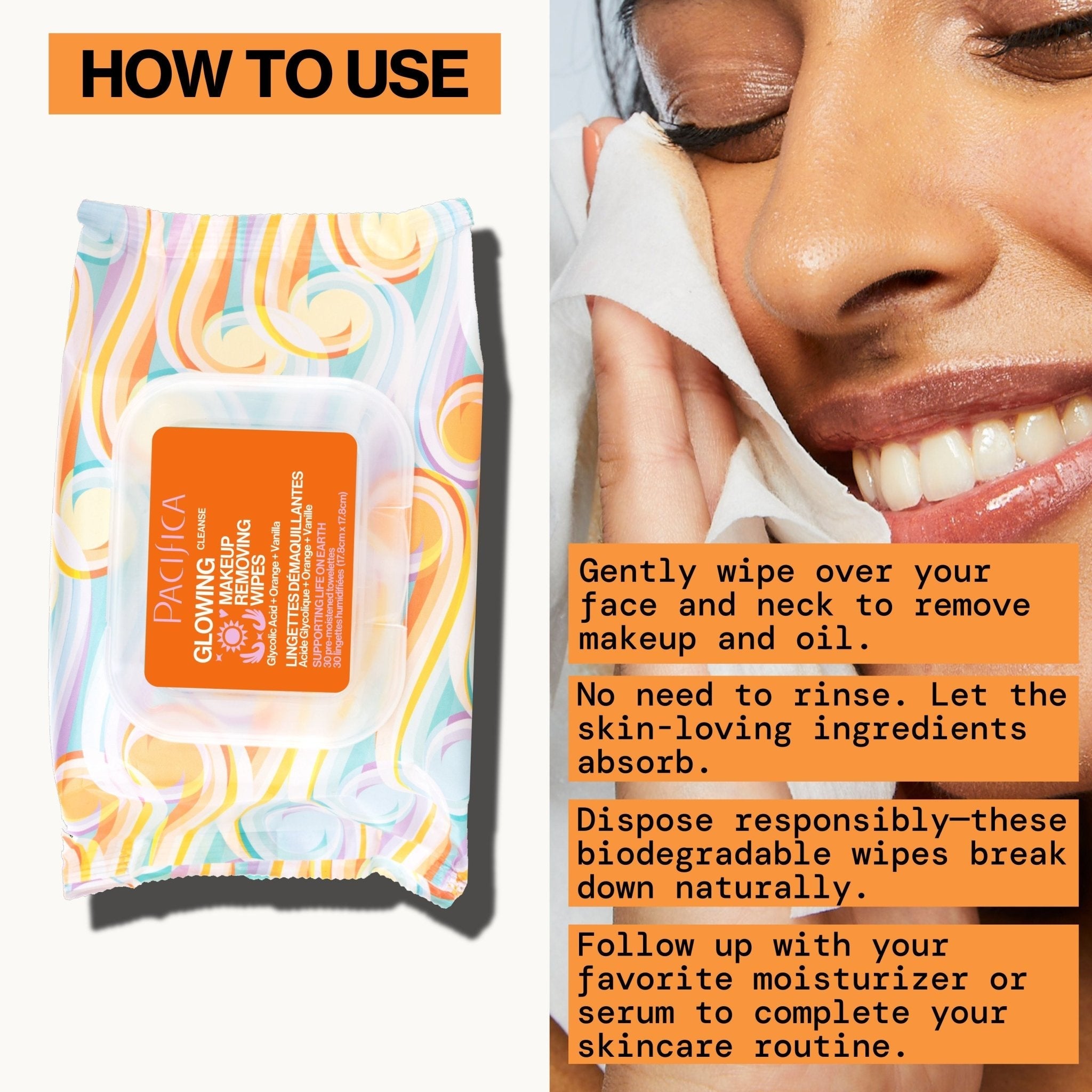 Glowing Glycolic Acid, Orange & Vanilla Makeup Removing Wipes